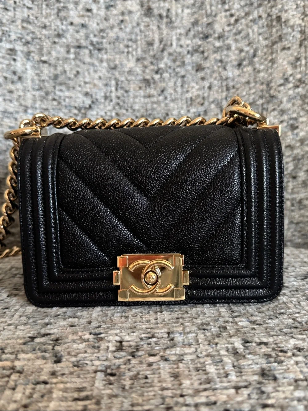 Chanel Black Mini Boy Bag Chevron Quilted Caviar Leather - Light Gold Chain